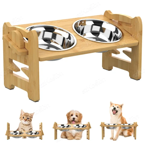 Elevated Dog Bowls Bamboo Tilted Adjustable Dogs Feeder Stand 1