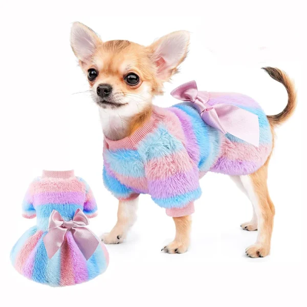 Rainbow Stripe Plush Princess Dog Dress for Small Dogs 1